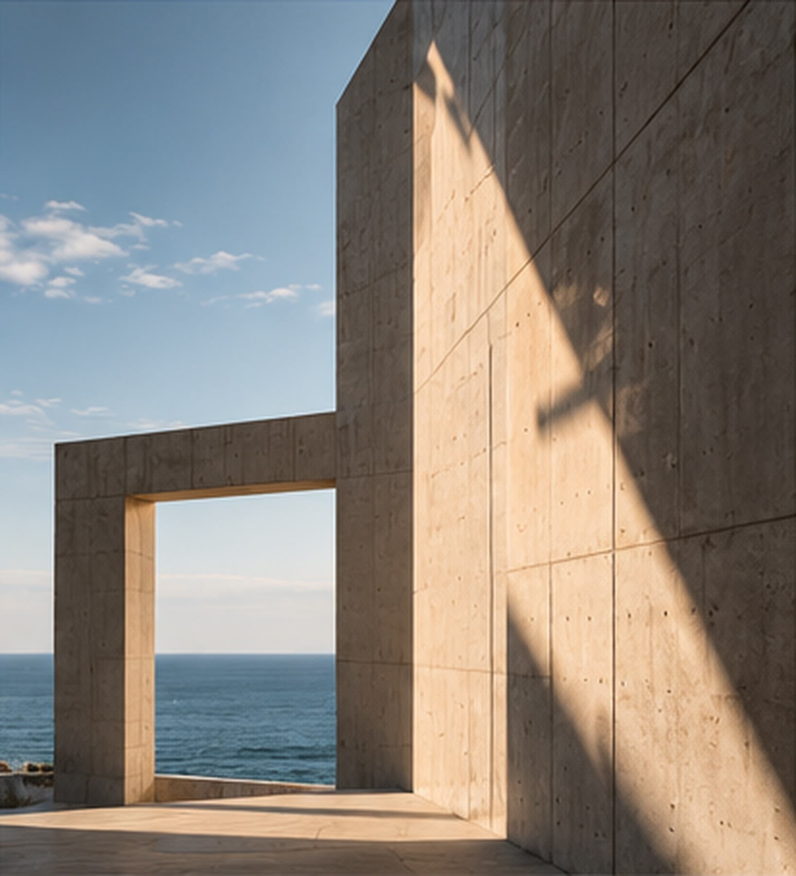 Concrete portal opening onto the sea, with a raking shadow across the wall.